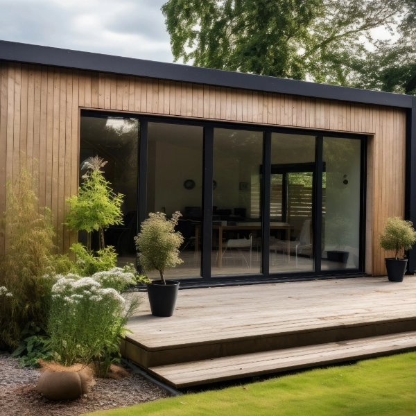 A small modern building with large glass doors opens to a wooden deck surrounded by greenery and potted plants in a garden setting.