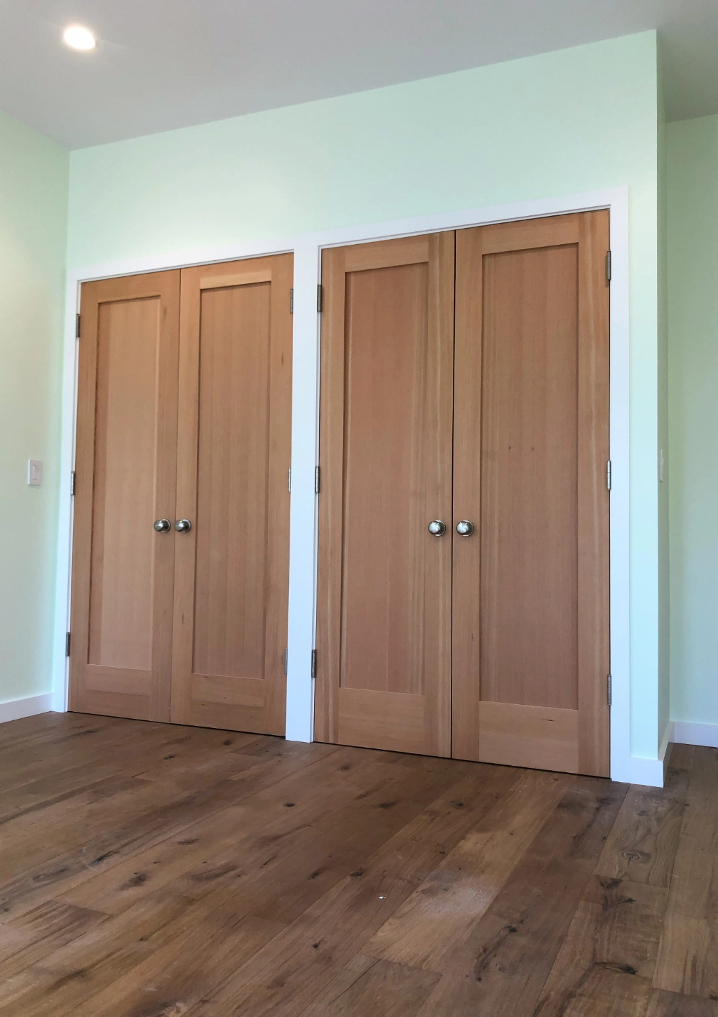 A room with light green walls, hardwood flooring, and two sets of custom wooden double doors with round knobs side by side.