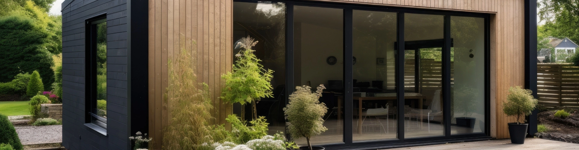 A modern wooden house with large glass doors and windows, surrounded by lush greenery and shrubs, offers a seamless view into an interior room that could easily accommodate ADUs & garage conversions.